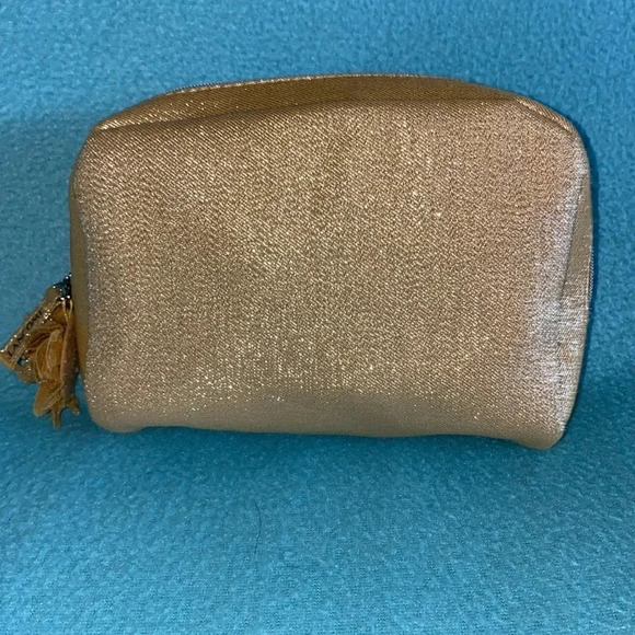 LANCÔME metallic gold makeup bag gold flower zipper pull tiny flaws NEW - Picture 2 of 9